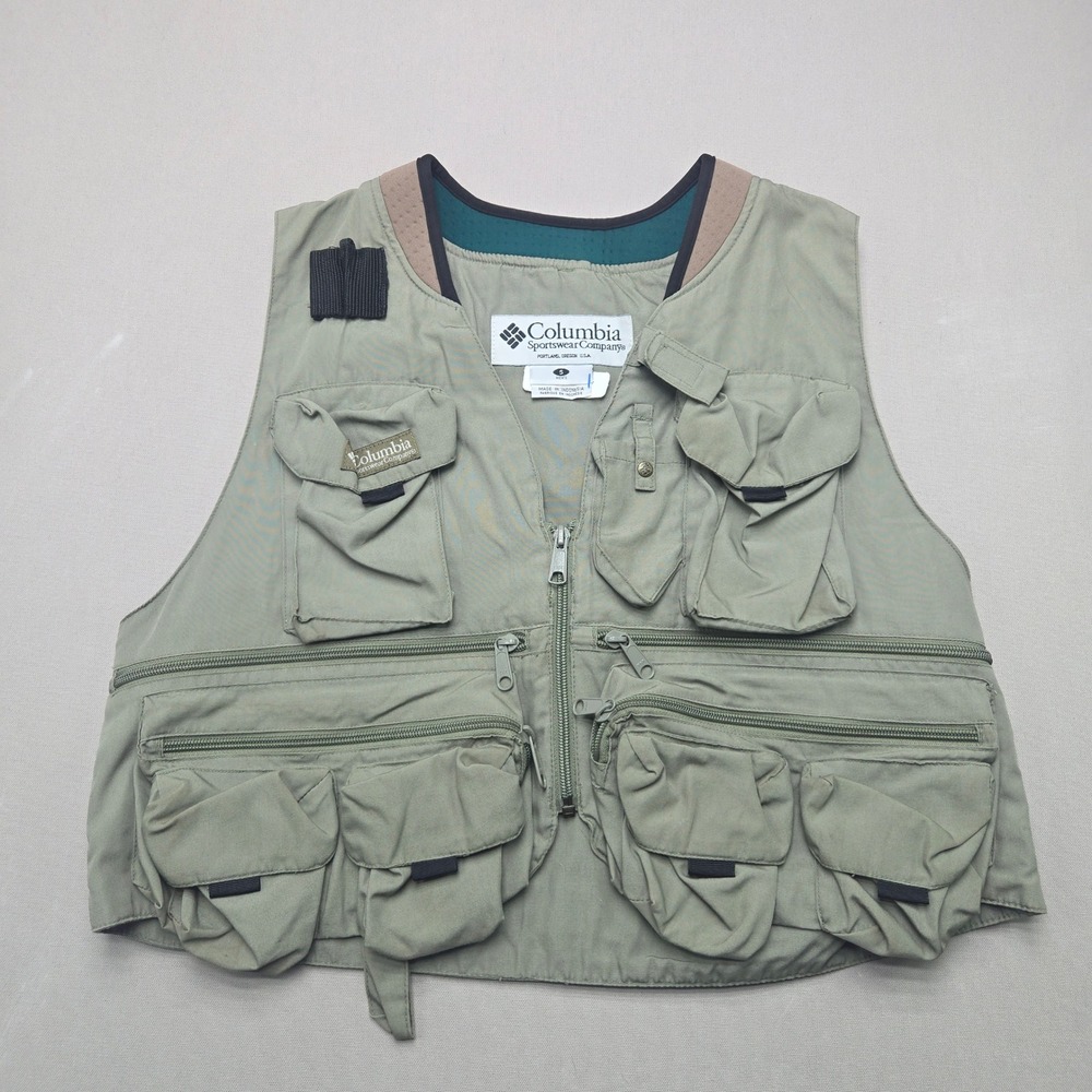 Columbia Fishing Vest F1 FM 1390 Multi-Pocket Utility Sage Green Mens Size S